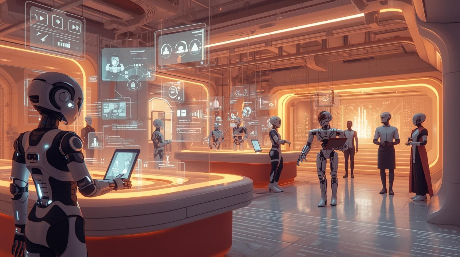 AI agents and humans collaborating in a futuristic workspace